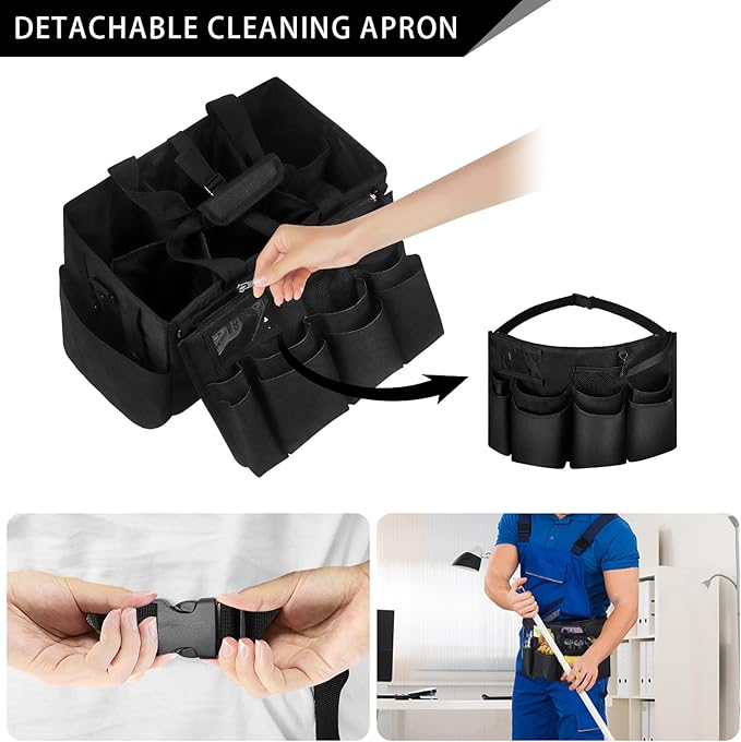 Large Cleaning Caddy Tote with Removable Divider, Heavy-Duty Wearable Apron Organizer with Pockets for Housekeeping, Cleaning Supplies, Tools (Black)