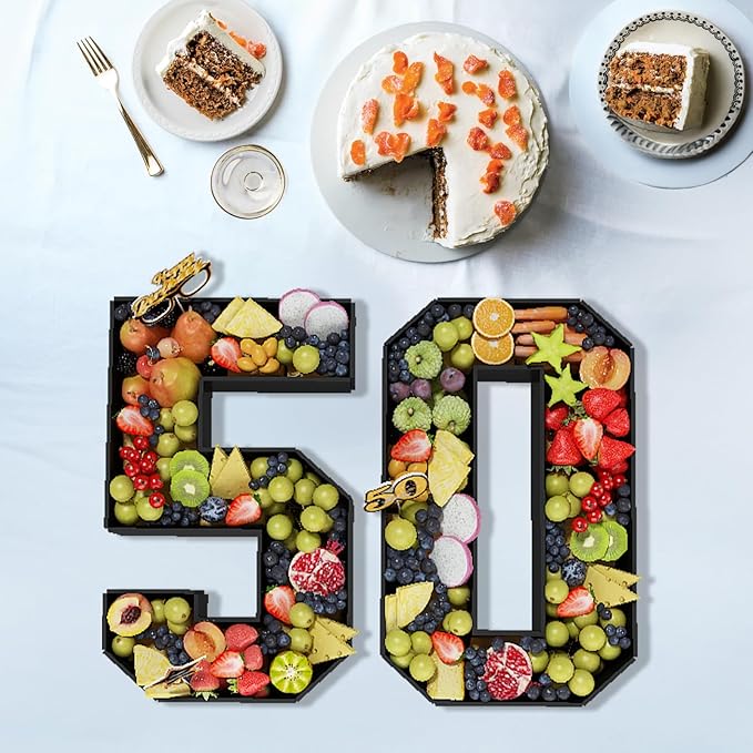 50 Cardboard Numbers for Charcuterie Numbers Fillable 13.8'' Black Paper Mache Number Shaped Cupcake Pans Board Box Trays Container for Food Candy 50th Birthday Party Decorations Anniversary