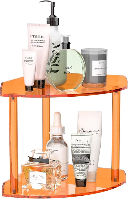 Sezanrpt 2 Tier Countertop Corner Organizer Shelf 7x7x8 Inch, Orange Acrylic Bathroom Corner Shelf for Countertop, Vanity Storage for Skincare, Cosmetics, Perfume