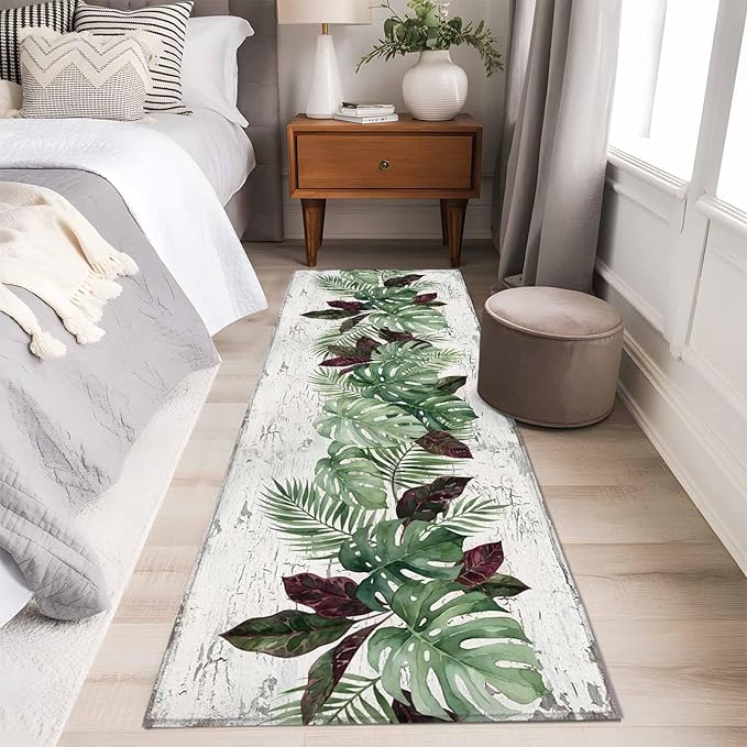 Runner Rug for Bedroom Hallway, Summer Green Monstera Palm Leaves Kitchen Runner Rugs Area Rug 2x6ft, Vintage Botantical Washable Soft Floor Carpet for Entryway Stair