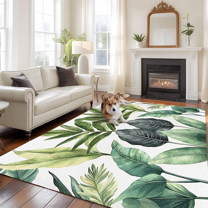 Area Rug 6x9ft, Summer Green Tropical Palm Leaves Washable Rugs for Living Room Bedroom, Watercolor Plant Soft Non-Slip Area Rugs Rectangle Floor Carpet for Dining Room