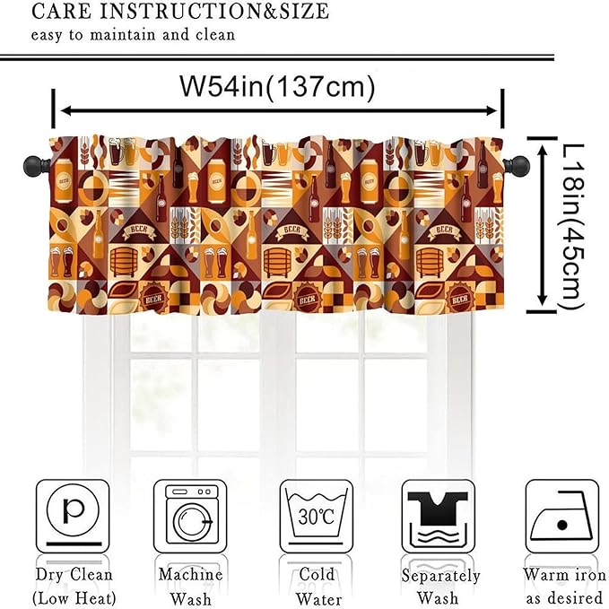 Modern Beer Kitchen Valance, Brown Geometric Beer Drink Print Short Window Treatment for Dining Living Room Bedroom Pub Home Bar, 54x18Inch