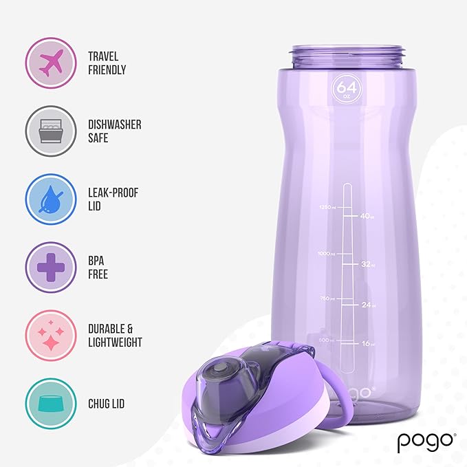 Pogo Plastic Water Bottle with Chug Lid and Carry Handle, Reusable, BPA Free, Dishwasher Safe, Perfect for Travel, School, Outdoors, and Gym | 18oz, 32oz, 40oz, 64oz