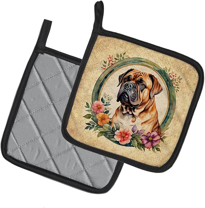 Caroline's Treasures Dogue de Bordeaux and Flowers Pair of Pot Holders Kitchen Heat Resistant Pot Holders Sets Oven Hot Pads for Cooking Baking BBQ, 7 1/2 x 7 1/2