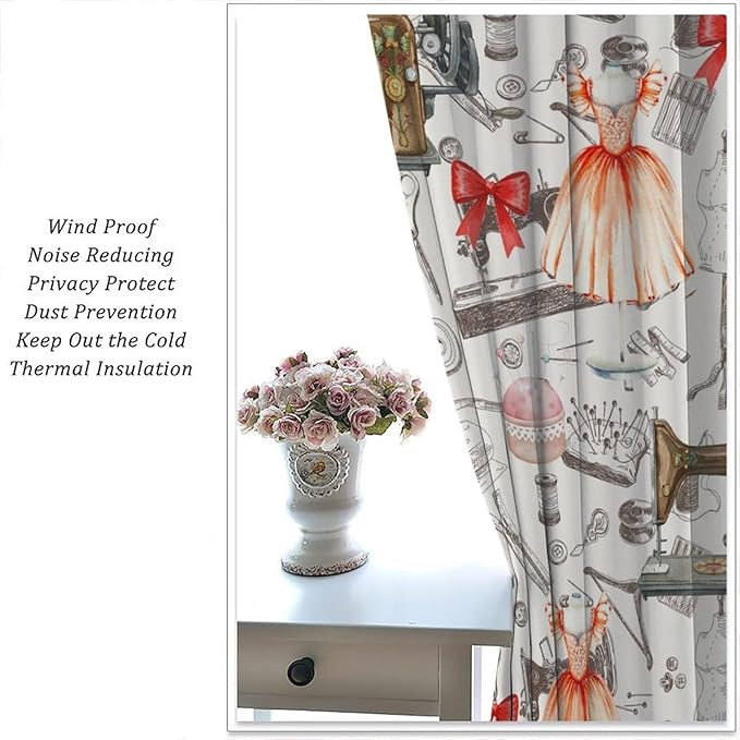 Sewing Machine Blackout Curtain,Vintage Retro Dress Bowknot Pattern Girls Women Window Curtains Dining Room Living Room Kitchen Cafe Bedroom Office Drapes,52x84 in