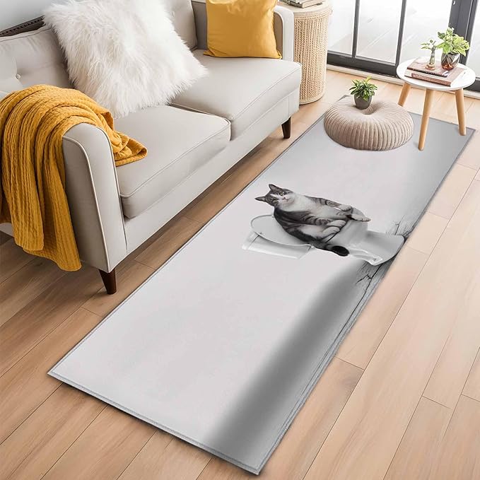 Runner Rug for Bedroom Hallway, Cute Funny Cat on The Toilet Kitchen Runner Rugs Area Rug 2x6ft, Animal Grey Art Washable Soft Floor Carpet for Entryway Stair