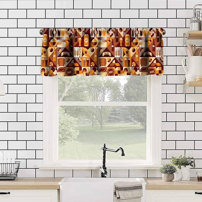 Modern Beer Kitchen Valance, Brown Geometric Beer Drink Print Short Window Treatment for Dining Living Room Bedroom Pub Home Bar, 54x18Inch