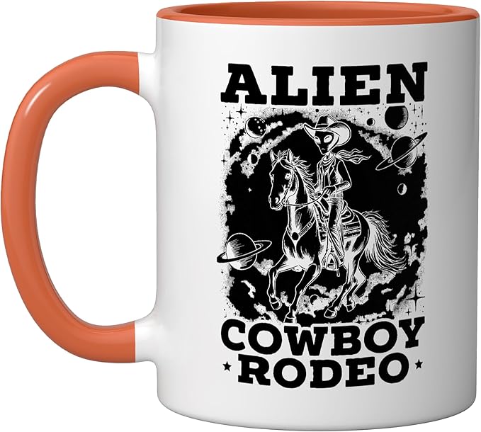 Alien Lover Flying Saucer UFO Extraterrestrial Cowboy Ceramic Mug, Orange/White