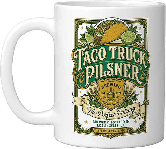 Taco Truck Pilsner Retro cerveza Funny Beer Label Ceramic Mug, White