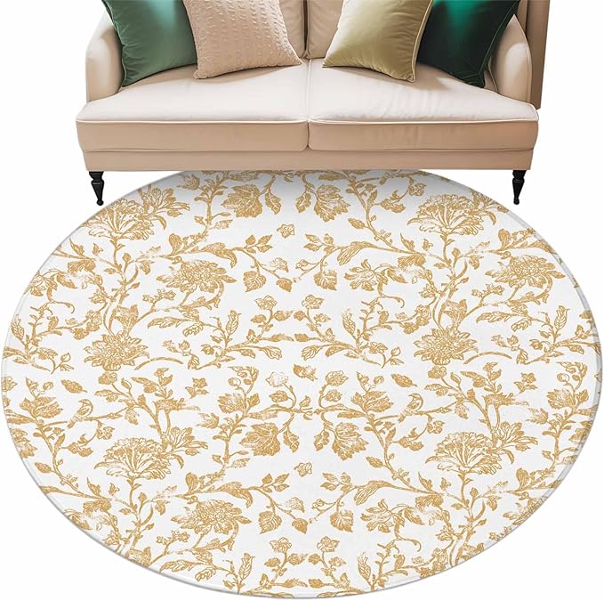 Washable Round Area Rug Vintage Farmhouse Flowers Pattern Circle Rugs Floor Carpet for Living Room Bedroom, Yellow Floral Art Soft Non Slip Round Rug 5ft