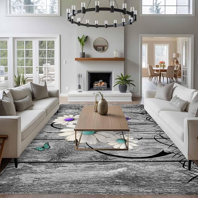 Area Rug 6x9ft, Farm Daisy Shabby Wood Grain Washable Rugs for Living Room Bedroom, Vintage Flower Plant Butterfly Soft Non-Slip Area Rugs Rectangle Floor Carpet for Dining Room