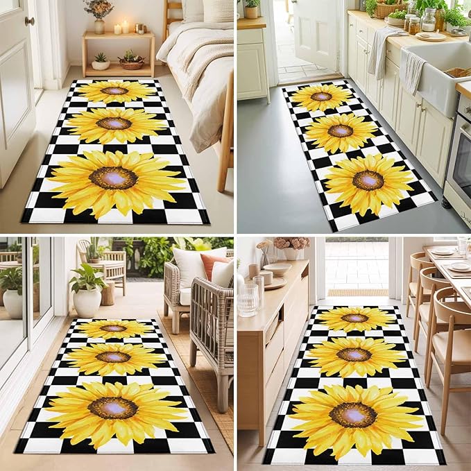 Runner Rug for Bedroom Hallway, Watercolor Sunflower on Checkered Kitchen Runner Rugs Area Rug 2x6ft, Yellow Black White Washable Soft Floor Carpet for Entryway Stair