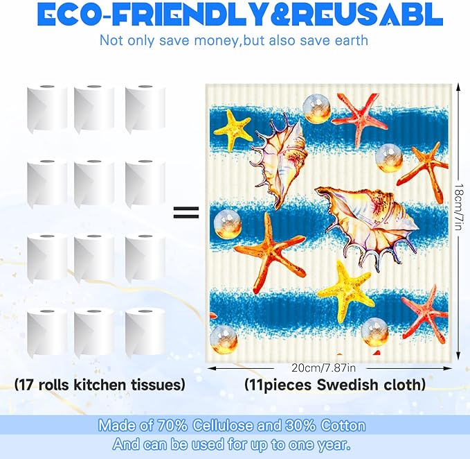 6 Pieces Ocean Swedish Kitchen Dish Towels Ocean Kitchen Cloths Reusable Sponge Cleaning Absorbent Dish Cloth No Odor Hand Towel Quick Drying Washable Cleaning Wipes
