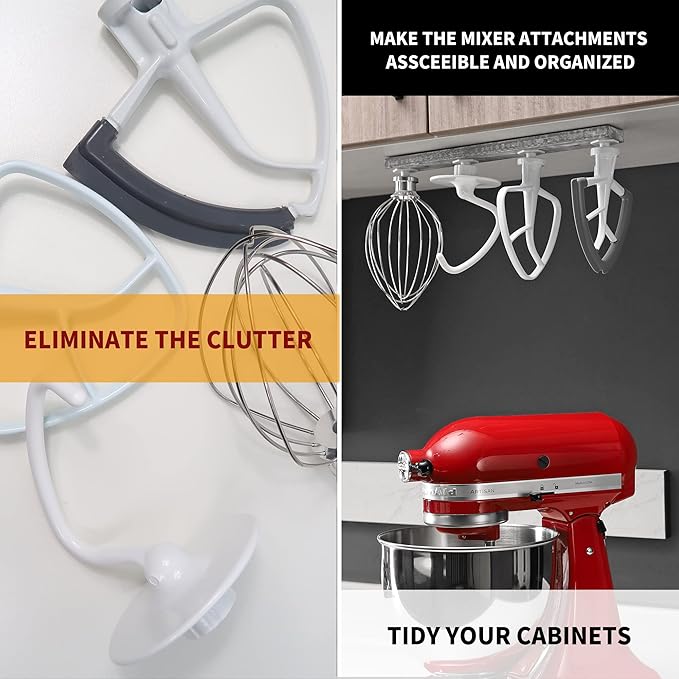 Stand Mixer Attachment Holder, Wooden Wall Mounted Holder with 4-Pack Plastic Hangers, Kitchen Accessories Storage Organizer Parts Compatible with Kitchenaid Mixer Attachments for Space-saving