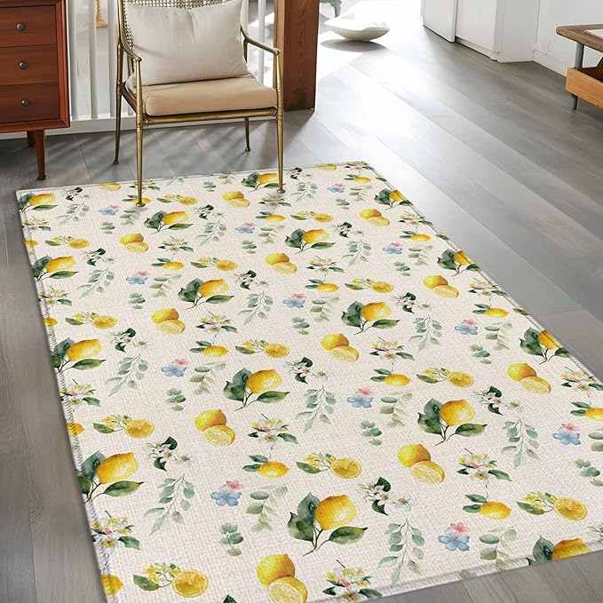 Area Rug 4x6ft, Country Lemon Flower Leaf Washable Rugs for Living Room Bedroom, Pastoral Fruit Plant Vintage Linen Soft Non-Slip Area Rugs Rectangle Floor Carpet for Dining Room
