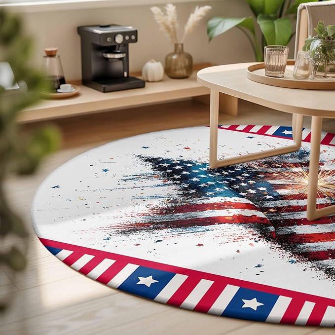 Washable Round Area Rug 4th of July Stars Stripes Abstract Flag Circle Rugs Floor Carpet for Living Room Bedroom, Patriotic Theme Soft Non Slip Round Rug 3ft