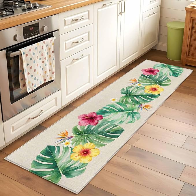 Runner Rug for Bedroom Hallway, Country Monstera Hibiscus Foliage Kitchen Runner Rugs Area Rug 2x6ft, Tropical Plant Vintage Linen Washable Soft Floor Carpet for Entryway Stair