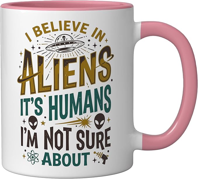 Alien Believer UFO Extraterrestrial Space Lover Ceramic Mug, Pink/White