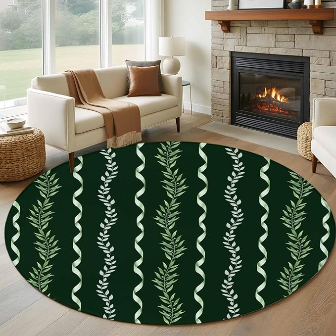 Washable Round Area Rug Botanical Leaves Green Ribbons Circle Rugs Floor Carpet for Living Room Bedroom, Summer Foliage Plant Soft Non Slip Round Rug 5ft
