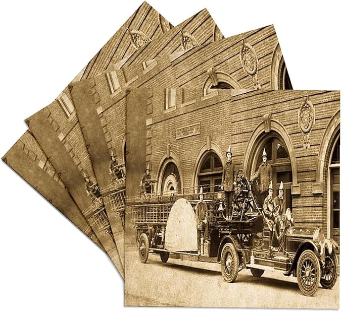 3dRose CST_16203_3 1920s Hook and Ladder Fire Company Sepia-Ceramic Tile Coasters, Set of 4