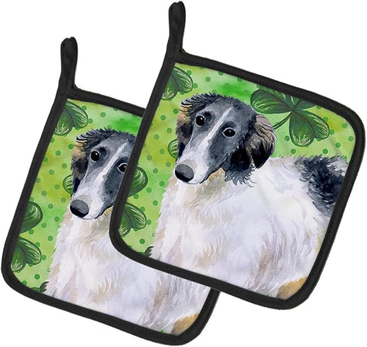 Caroline's Treasures BB9846PTHD Borzoi St Patrick's Pair of Pot Holders, Green Kitchen Heat Resistant Pot Holders Sets Oven Hot Pads for Cooking Baking BBQ, 7 1/2 x 7 1/2