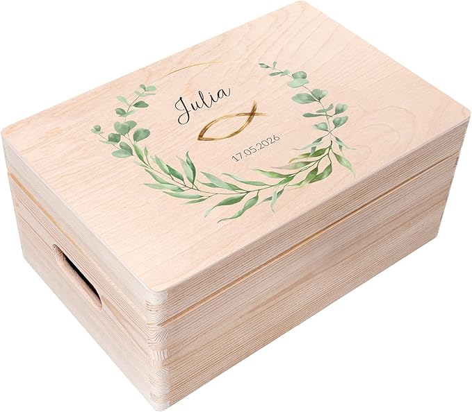 Creative Deco Personalised First Holy Communion/Confirmation Gift for Girls or Boys - Wreath | Custom Boxes | Customised Wooden Storage Box with Hinged Lid | Keepsake/Decoration