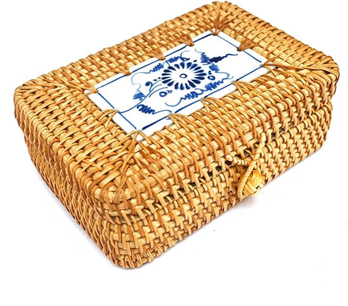Rattan Box with Lid: Blue-and-White Porcelain Decorative Rattan Storage Box, Hand-Woven Wicker Storage Basket with Lid, for Sundries Tea Case Picnic Food Containers (Rectangle, 6.7in*4.72in*2.36in)