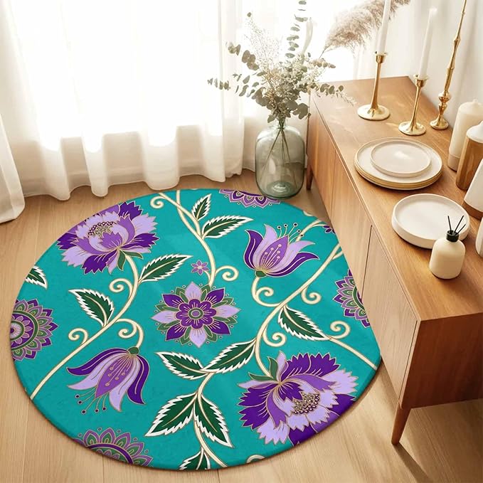 Washable Round Area Rug Bohemian Purple Flowers Circle Rugs Floor Carpet for Living Room Bedroom, Paisley Floral Art Soft Non Slip Round Rug 5ft