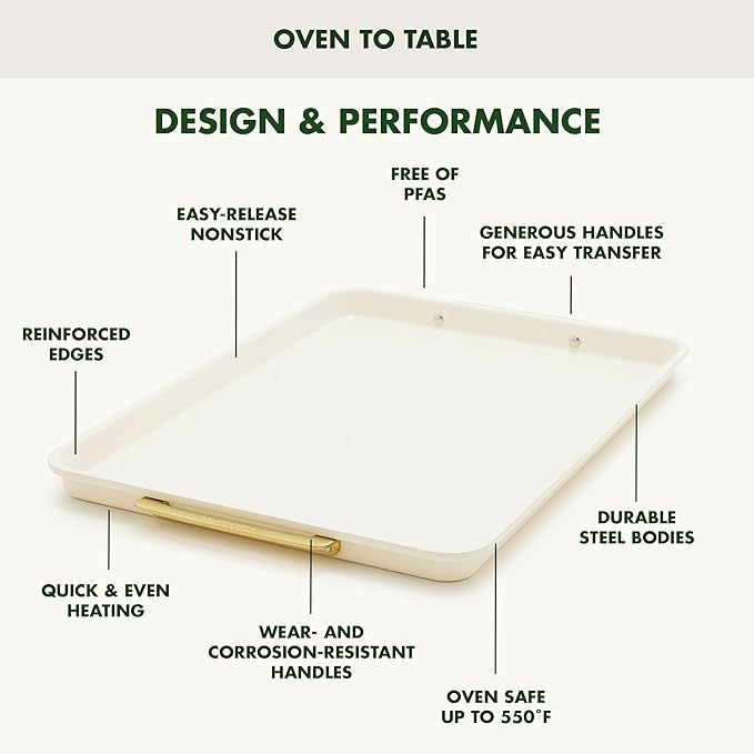 GreenPan Bakeware 13"x18" Half Baking Sheet Pan, Ceramic Nonstick Baking Pan, PFAS & BPA Free, Gold Handles, Durable Steel, Versatile & Space Saving Ovenware, Freezer to Oven Dish, Cream