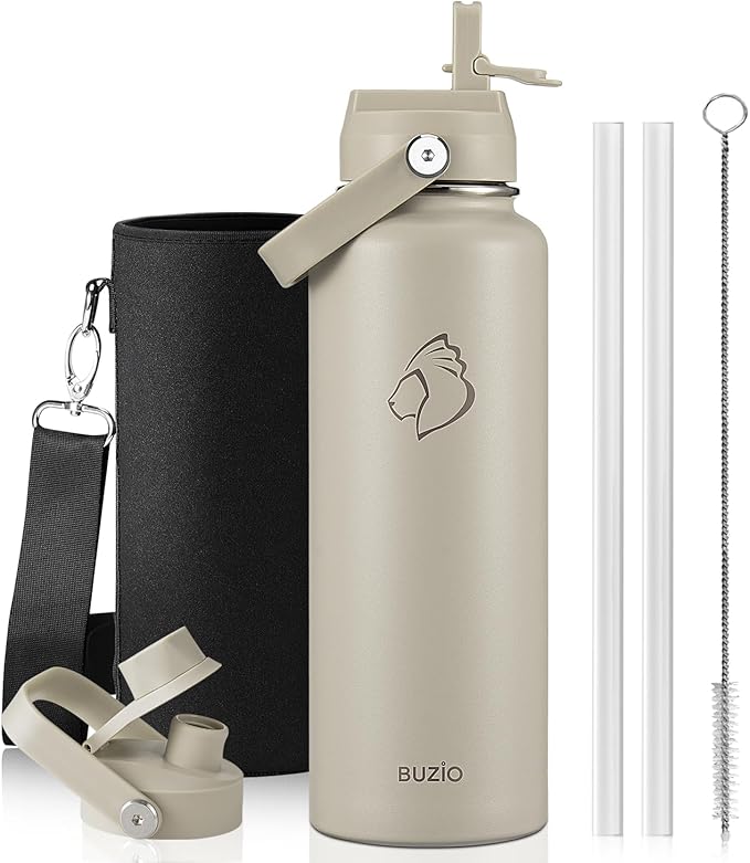 BUZIO 40 oz Water Bottle Insulated, Triple Wall Vacuum Stainless Steel Flask (Cold for 48 Hrs), Leakproof BPA-Free Wide Mouth Metal Jug Hydro Canteen with 2 Lids, Greige