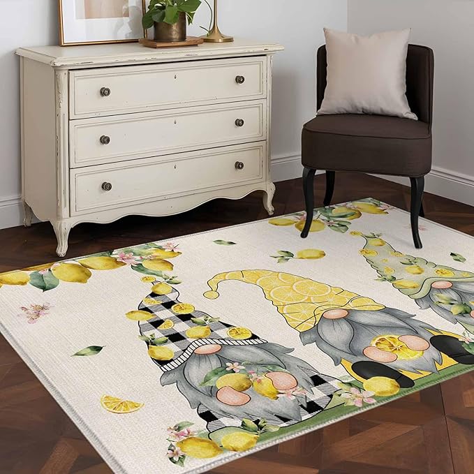 Area Rug 4x6ft, Summer Gnome with Lemon Washable Rugs for Living Room Bedroom, Farmhouse Dwarf Fruit on Linen Soft Non-Slip Area Rugs Rectangle Floor Carpet for Dining Room