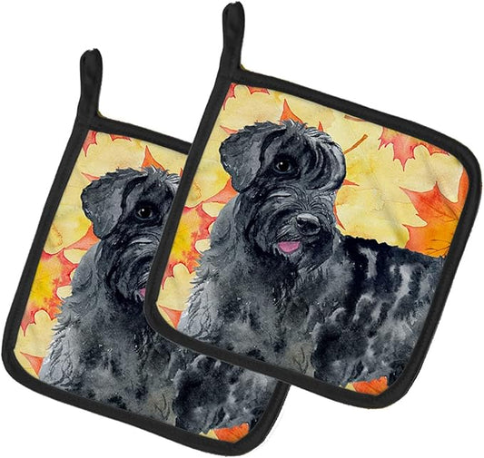 Caroline's Treasures BB9921PTHD Giant Schnauzer Fall Pair of Pot Holders, Yellow Kitchen Heat Resistant Pot Holders Sets Oven Hot Pads for Cooking Baking BBQ, 7 1/2 x 7 1/2