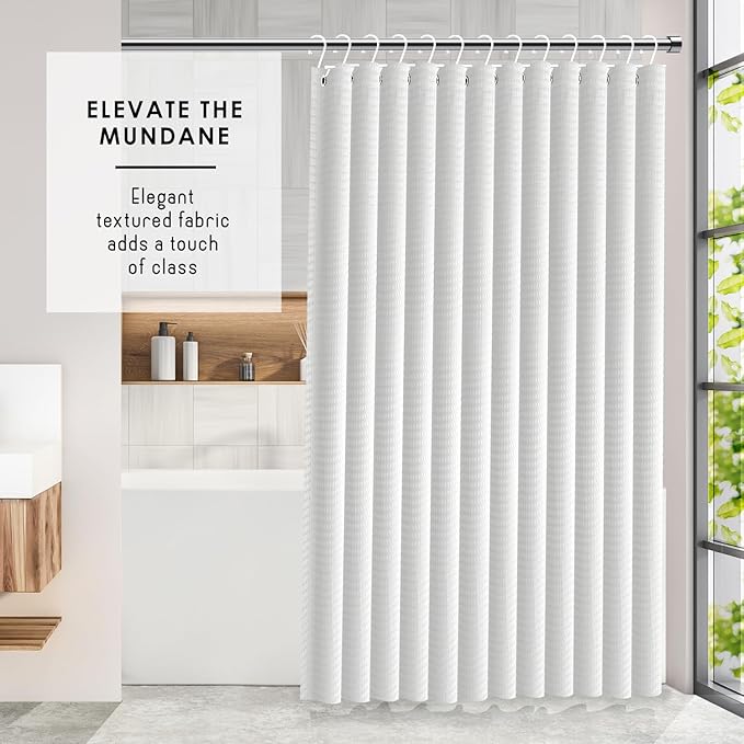 Clara Clark White Shower Curtain Set with Black Shower Caddy Hanging - Fabric Shower Curtains and Stainless Steel Shower Caddies, Bathroom Shower Curtain Sets with Corner Shower Caddy Dorm