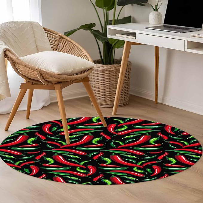 Washable Round Area Rug Spicy Chili Pepper Pattern Circle Rugs Floor Carpet for Living Room Bedroom, Red Green Peppers on Black Soft Non Slip Round Rug 4ft