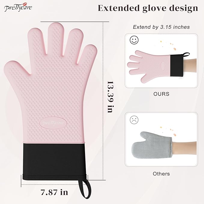 PrettyCare Silicone Oven Mitts, Waterproof & Non-Slip Oven Gloves with Fingers,Cotton Lined Silicone Oven Gloves Kitchen Mitts-Heat Resistant for Baking Cooking BBQ,Women（Pink
