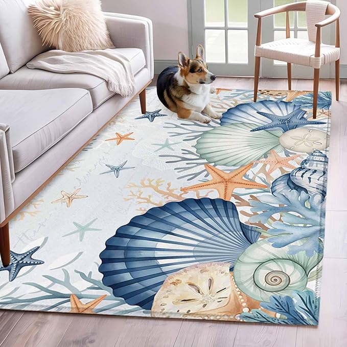 Area Rug 4x6ft, Underwater Shells Starfish on Blue Washable Rugs for Living Room Bedroom, Colorful Coral Soft Non-Slip Area Rugs Rectangle Floor Carpet for Dining Room