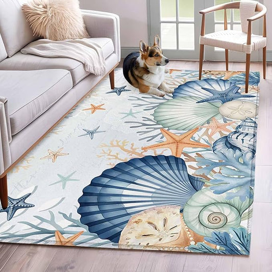 Area Rug 4x6ft, Underwater Shells Starfish on Blue Washable Rugs for Living Room Bedroom, Colorful Coral Soft Non-Slip Area Rugs Rectangle Floor Carpet for Dining Room