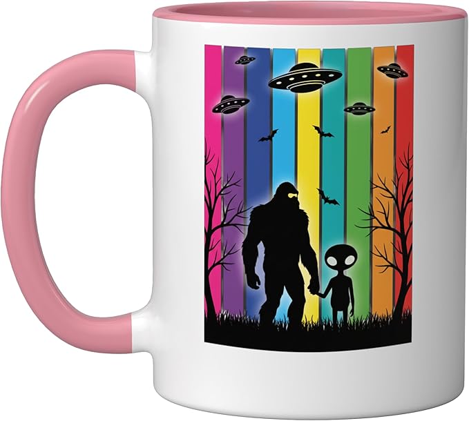 Bigfoot Holding Hands With Alien Ufo Rainbow Sci Fi Ceramic Mug, Pink/White