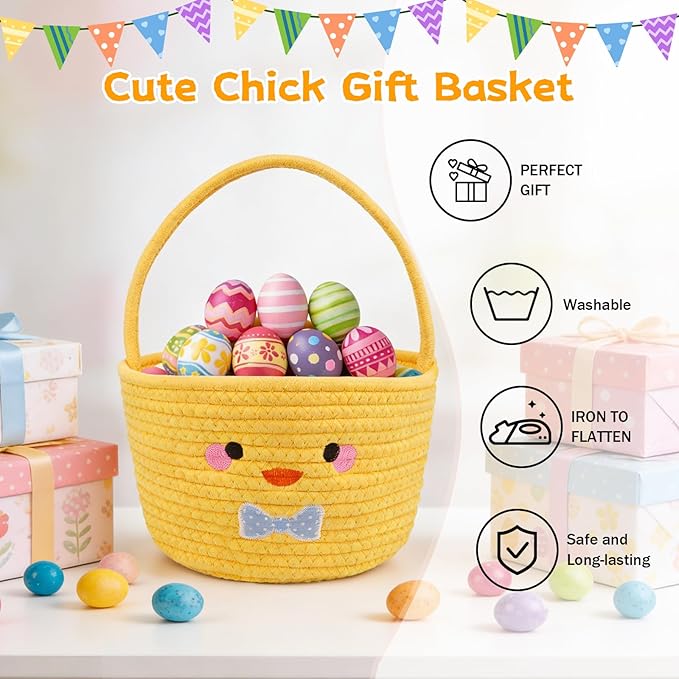 Easter Basket, Easter Baskets for Kids,Empty Chick Woven Rope Cotton for Eggs,Easter Egg Hunt Storage Bin with Handle, Baby Nursery Candy for Toddler, Boys and Girls, 9''×12''