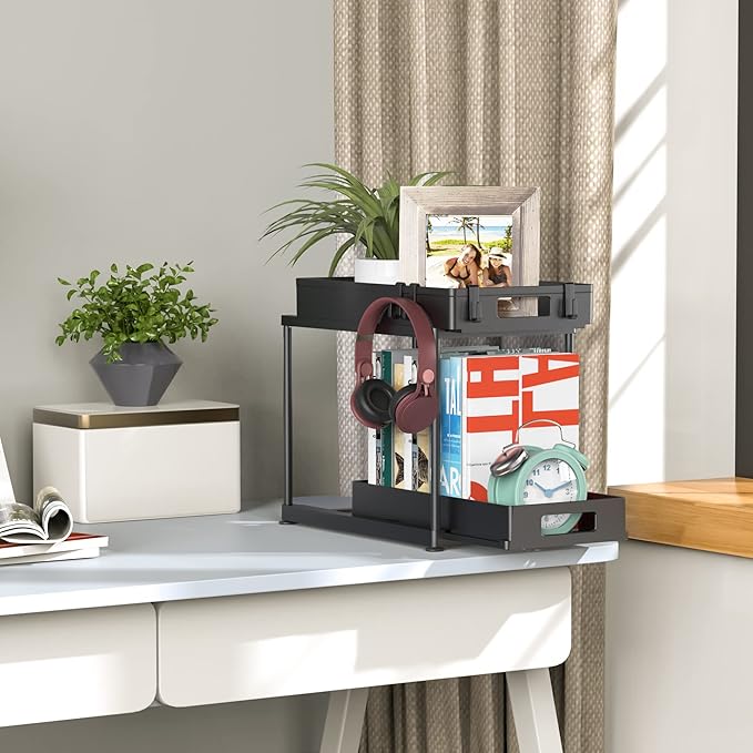 2 Pack Under Sink Organizer with Pull-Out Drawer, 2-Tier Cabinet Storage for Kitchen & Bathroom, Fits Cleaning Supplies & Toiletries, Space Saving for Small Cabinets, Double-layer Sliding Black