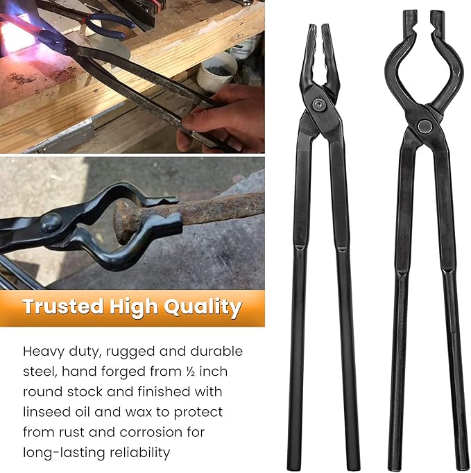 Blacksmith Tongs+Hammer Set Knife Making Tongs Wolf Jaw V-Bit Tongs Starter Beginner Bladesmith Metalworking Forge Anvil Vise Tool 0000811-1000 (3 PCS)
