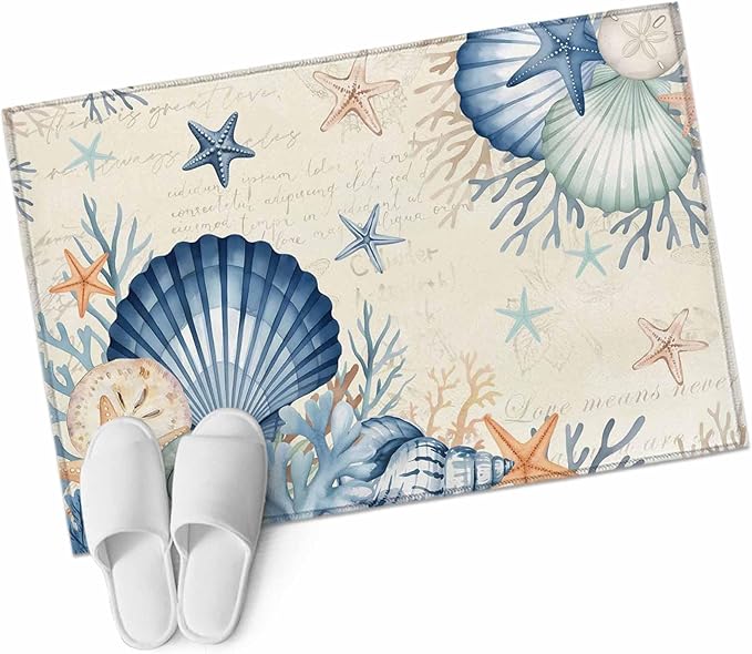 Area Rug 2x3ft, Summer Blue Shells Starfish Washable Rugs for Living Room Bedroom, Vintage Coral Shells Fish Soft Non-Slip Area Rugs Rectangle Floor Carpet for Dining Room