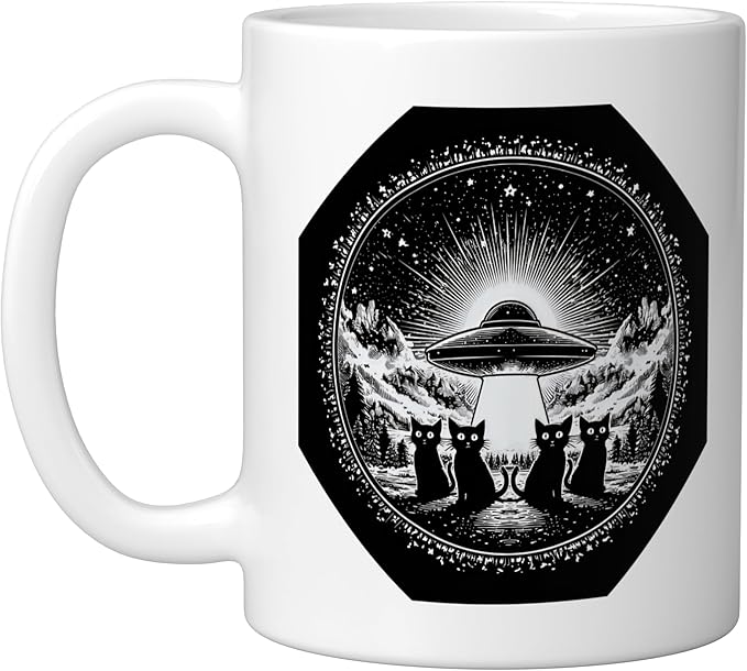 Retro UFO Cats Vintage Sci Fi Space Stary Sky Design Ceramic Mug, White