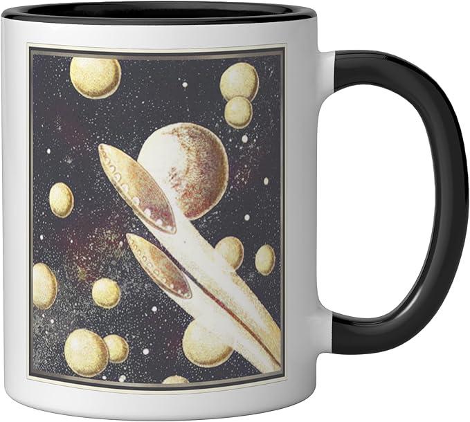 Retro Sci-Fi UFOs Flying Saucers Through Space Ceramic Mug, Black/White
