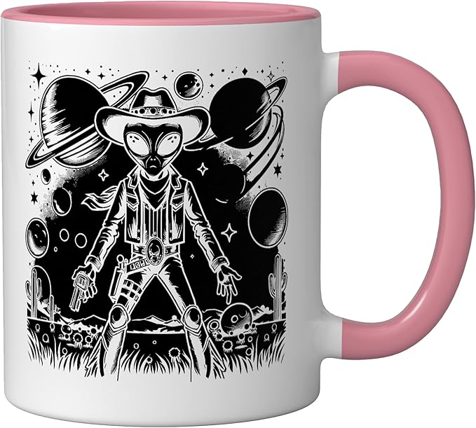Alien Lover Flying Saucer UFO Extraterrestrial Cowboy Ceramic Mug, Pink/White