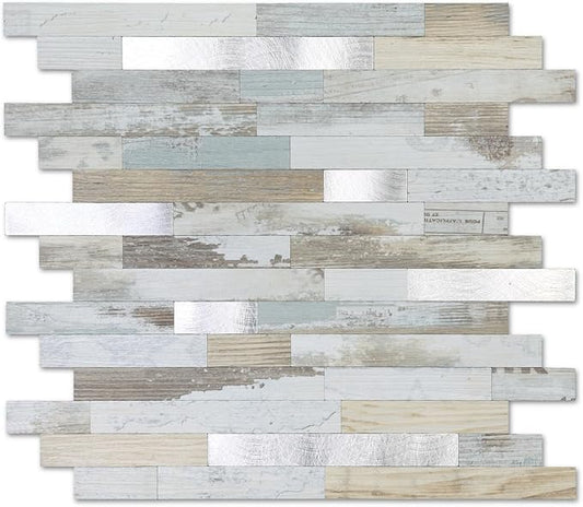 Yipscazo 10 Sheets Peel and Stick Stone Metal Tile Backsplash, Stick on Tiles for Backsplash Kitchen, Bathroom, Laundry Room, Camper, Fireplace (12'' X 12'', White Wood with Metal)
