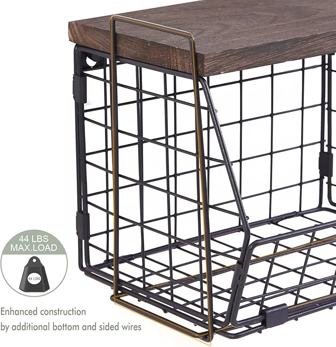 Wall Storage Hanging Baskets 2 PACK - Wooden Top Wire Basket Organizers & S Hooks - Assemble Floating Shelf Racks for Pantry Kitchen Office Bathroom Garage Organization (Large)