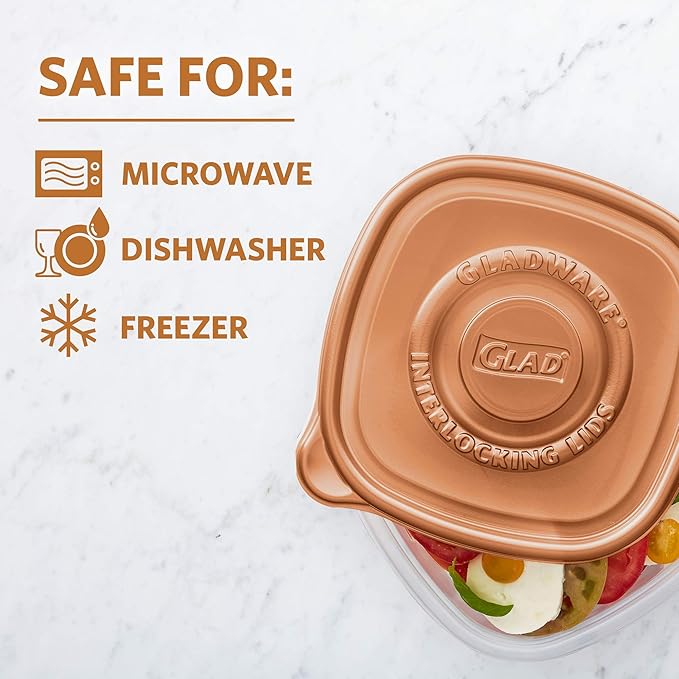 Glad GladWare Home Collection Tall Entree Food Storage Containers with Copper Metallic Lids, Large Square No BPA Plastic for Meal Prep and Lunches, Lock Tight Seal, 42 Oz, 3 Count - 6 Pack
