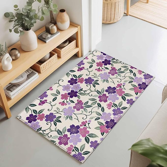 Area Rug 2x3ft, Watercolor Country Flowers Washable Rugs for Living Room Bedroom, Plum Blossoms on Linen Soft Non-Slip Area Rugs Rectangle Floor Carpet for Dining Room