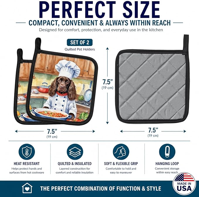 Caroline's Treasures Boykin Spaniel The Chef Pair of Pot Holders Kitchen Heat Resistant Pot Holders Sets Oven Hot Pads for Cooking Baking BBQ, 7 1/2 x 7 1/2